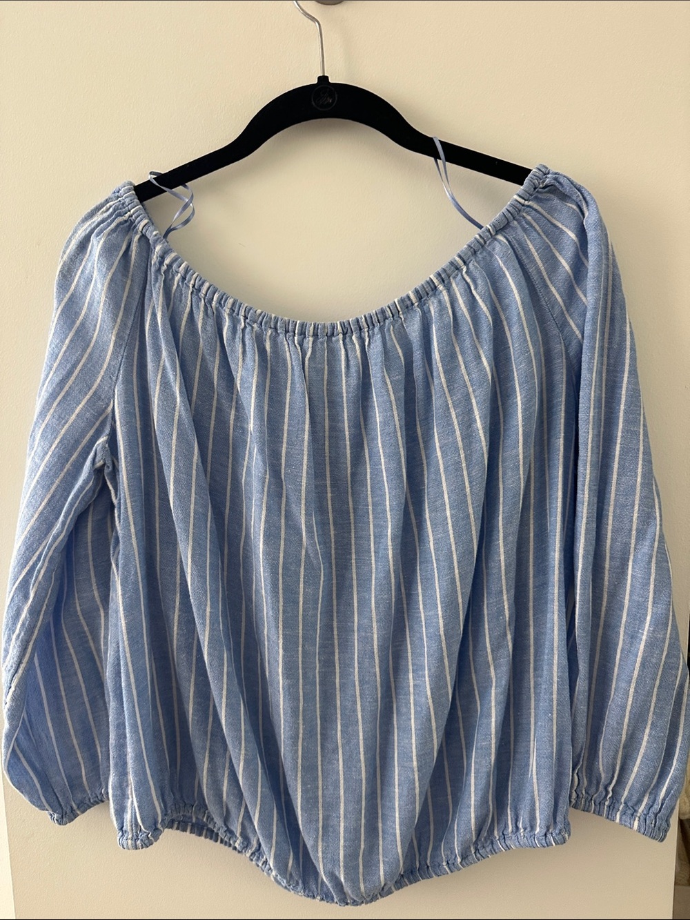 GAP Light Blue and White Striped Off-Shoulder Long Sleeve Top